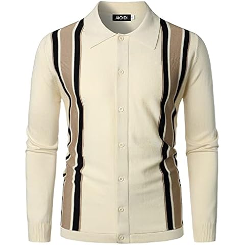AIOIDI Knit Polo Shirt Long Sleeve for Men Slim Fit Botton Down Stripes Tops,Off-White,XL Cover