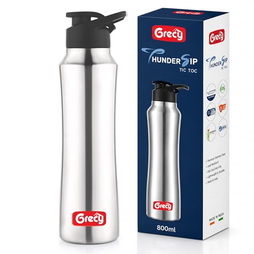 Image of GRECY Tic Toc 800ml Stainless Steel Water Bottle Silver | Single Wall Fridge Bottle | Flip Cap Easy Grip | BPA Free Steel | Leak Resistant Lightweight | School, Office, Gym, Travel Made in India