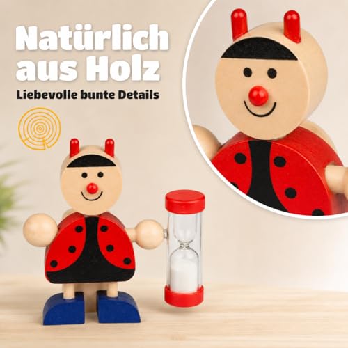 MIJOMA Zahnbürstenhalter aus Holz mit Sanduhr – lustige Tierfiguren, ca. 8x8,5 cm – spielerisches Zähneputzen, 3 Minuten Timer, pädagogisch & dekorativ (Marienkäfer Rot)