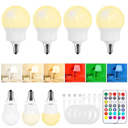 Bombilla LED Recargable E14 con Mando a Distancia, Regulable, Magnética, con Batería, 3 Temperaturas de Color + 9 Colores RGB, 480LM, 3 Timers, para Lámparas sin Corriente, Camping y Emergencia 4 Pack