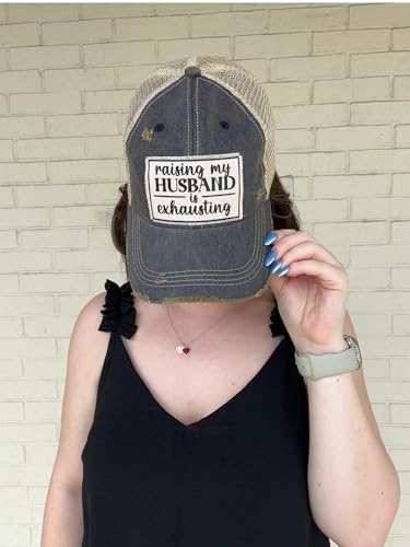 Image of VINTAGE LIFE Raising My Husband is Exhausting Distressed Trucker Cap, Navy Blue, Cotton, Polyester, Indoor, Outdoor