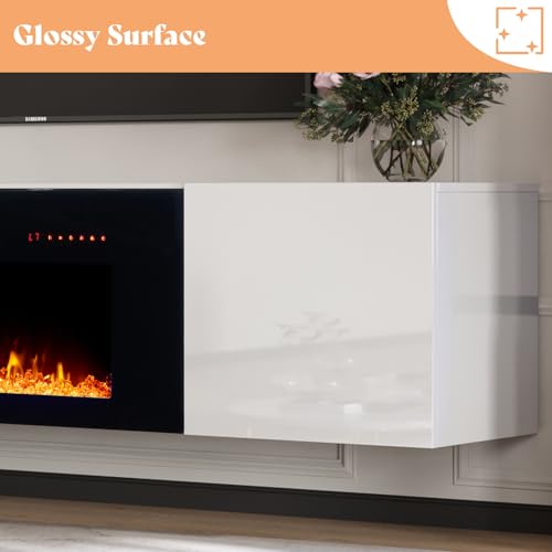 Image of AMERLIFE Floating Fireplace TV Stand, Wall Mounted Mirrored Entertainment Center with 40 inch Electric Fireplace, Modern LED Lights Media Console for TVs Up to 90 inch, White