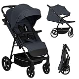 DES ROUES POUR TOUTES LES SURFACES: Les grandes roues en PU sans entretien avec bande de roulement et la double suspension assurent une conduite en douceur de cette poussette pliante en ville et hors route. Les roues avant tournent à 360° et peuvent être bloquées. Il s'agit d'une poussette canne qui se manie avec légèreté et stabilité sur n'importe quel parcours