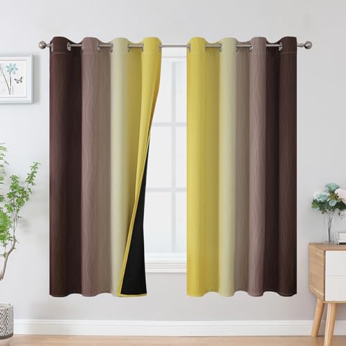 Estelar Textiler Brown and Yellow Blackout Curtains for Kids Room, Full Room Darkening Grommet Ombre Curtains for Bedroom, Thermal Insulated Light Blocking Gradient Drapes, 52Wx63L, 2 Panels