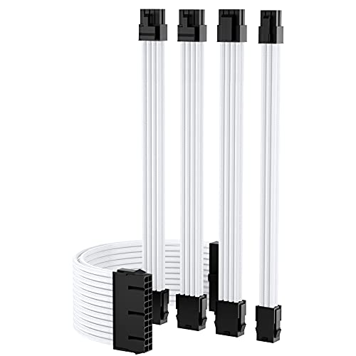 Funtin Custom Mod Sleeved Cables, White PSU Cable Extension PC Kit, 18AWG 24 Pin ATX / 8 (4+4) Pin EPS / 8 (6+2) Pin PCIE / 6Pin PCIE Power Supply Cable with Combs, 30CM