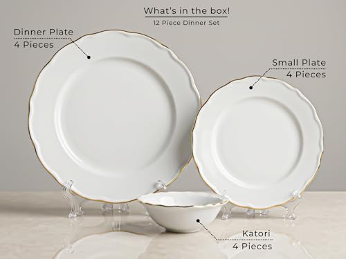 Image of Bodhi House 12-Piece Gold Rim Porcelain Dinner Set | Plates & Bowls Set | Lightweight, Chip Resistant, | Dishwasher Safe | Ideal for Home Dining & Gifting Tableware Set | White