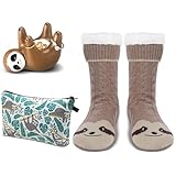 Newtay 3 Pcs Christmas Gifts for Women, Ring Holder Makeup Bag Fuzzy Socks with Grippers, Cute Gifts for Holiday Accessories(Sloth)