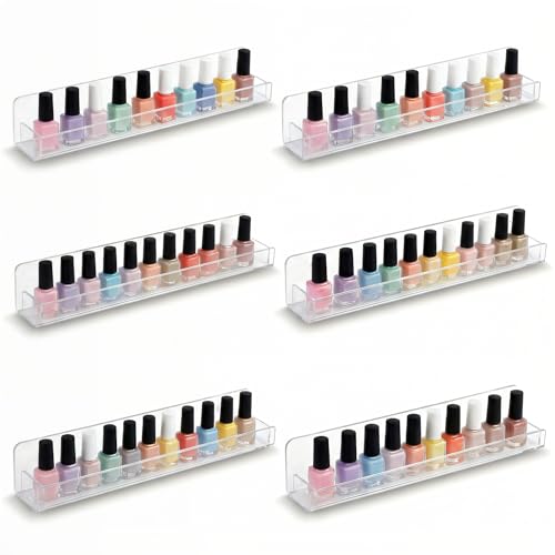 6 Pack Wall Mounted Acrylic Nail Polish Organizer Rack 15 Inch Clear Nail Polish Shelf with Removable Ends Multi-Purpose Shelf for Essential Oils Cosmetics Storage Display for Salon Bathroom