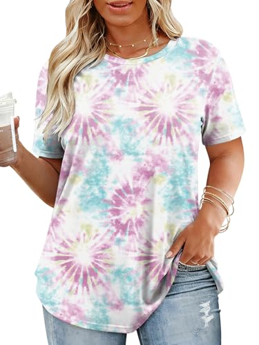 Image of VISLILY Plus-Size-Tops for Women Casual Short Sleeve T Shirts Trendy Tie Dye Crewneck Tees Comfy Loose Fit Tunics XL-5XL