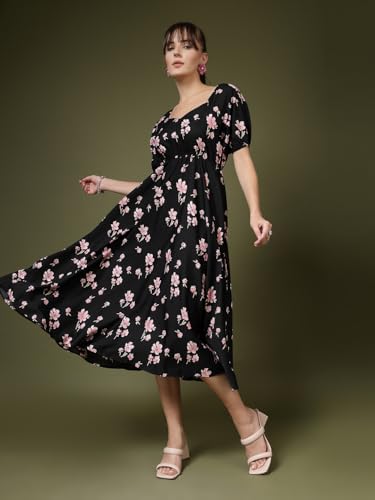 Image of OOMPH! Below Knee Shift Pink Dress in Crepe Fabric with Round Neck and Puff Sleeves - md619l