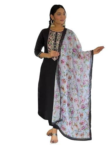 Image of Naixa Women's Black Rayon Embroidered Straight Kurta with Rayon Pant and Taby Printed Dupatta Sets (NX-673)