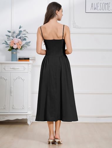 Image of ABEHIK Casual Dresses for Women Boho Spaghetti Strap Corset Midi Dress with Pockets Low Cut Flowy Pleated Bustier Sundress