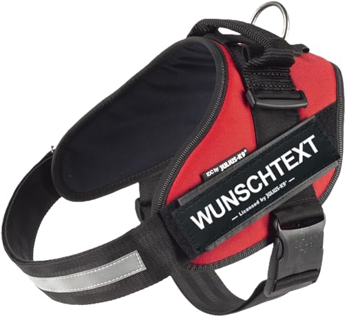 JULIUS K-9 IDC Powergeschirre Rot mit individuelle Klettaufschriften Bundle optionale Größe, 16IDC+CUSTOMP-R, Kleine, mittelgroße, und große Hunde
