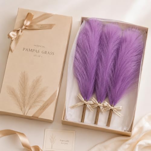 Image of Artificial Pampas Grass Set of 3 for Home Decor,Fluffy Dried Flower Stems for Vase Decoration, Boho Table Centerpiece, Artificial Flowers for Living Room Bedroom Office Decor (Purple)