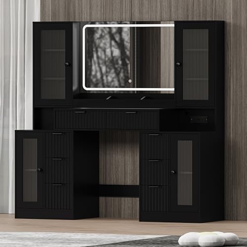 Image of Fluted Makeup Vanity Desk with Mirror and Lights, 55 inch Glass Top Vanity with 8 Drawers & 4 RGB Glass Cabinets, Adjustable Shelves & Power Outlet, Modern Dressing Table Set for Women Girls Bedroom