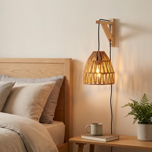 BARCELONA LED Applique Murale Petite en Bois avec Abat-Jour en Papier Tressé Jaune Style Classique Moderne Vintage Luxe avec Câble Noir et Interrupteur E27 Intérieur