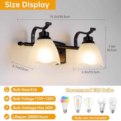 Image of Bathroom Light Fixtures (2-Light, 15 Inch), Matte Black Vanity Lights for Bathroom with White Frosted Glass Shade, Modern Vanity Wall Lights for Mirror Bedroom Living Room Hallway