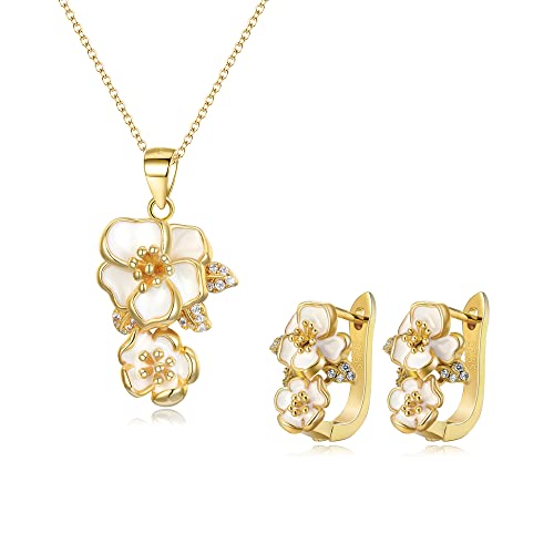 EleQueen 14K Gold Plated Cubic Zirconia Enamel Flower Pendant Necklace Hoop Earrings Jewelry Set for Women Girl Birthday