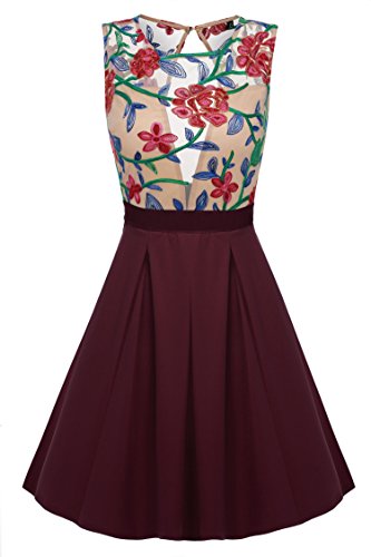 ACEVOG Women Floral Mini Skater Dress See-Through Party Evening Cocktail Dress (XL, WR)