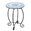 14 Outdoor Side Table Scrollwork Accent Round End Table Unique Relief Ceramic Tile Tabletop with Metal Frame Coffee Tea Table Nightstand for Living Room Bedroom