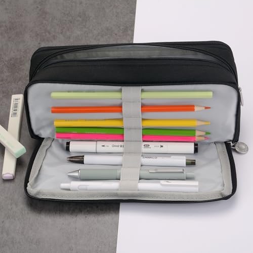 Image of Large Capacity Special Aesthetic Pencil Case Organizer with 3 Compartments, Big Preppy School Pencil Pouch Bag for Girls Women Adults, Pencil Holder Pen Pouch Cases (Black)