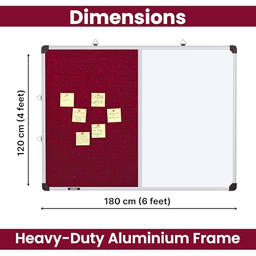 Image of GOSHU Combination 6 feet x4 feet Non Magnetic White Board with Maroon Pin-up Notice Board Includes 1 Duster, 1 Marker and 50 Push up pins for Home, Office & School (Maroon, 6x4 feet, Pack of 4 Items)