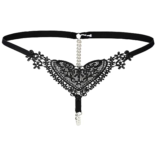 Ropa interior para mujer, tanga, color liso, perlas sexy, transparente, cintura baja, encaje, bordado de corazón, ropa interior para mujer, color negro, Negro , Talla única