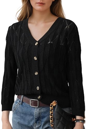 Image of Women's 2025 Crochet Sweater Cardigan 3 /4 Sleeve Lightweight Summer Knit Sweater | Open Front Boho Shrug Top | Beach Cover-Up & Office Wear | Machine Washable 21-Black-XL