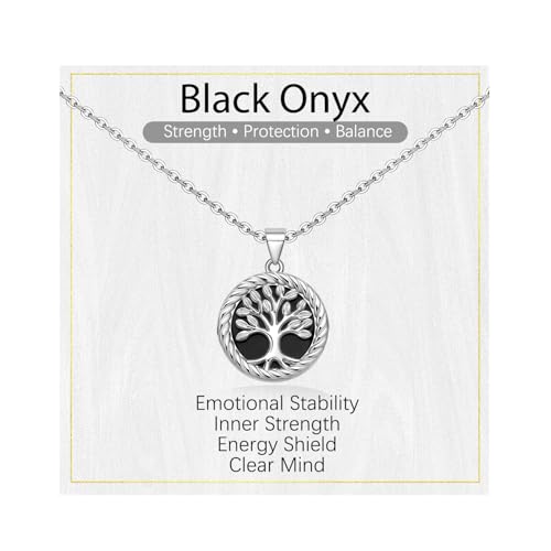 Image of J.Endéar Black Onyx Tree of Life Necklace for Women 925 Sterling Silver Hypoallergenic Natural Gemstone Cable Chain, Adjustable 40+5cm with Quote Card and Gift Box