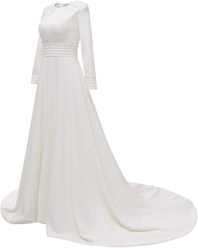 Amazon Obor Global レトロ シンプル スレンダーライン 着痩せ クラシカル 長袖 ソフトサテン トレーン 上品 エレガント ウェディングドレス ステージドレス イブニングドレス パーディ演奏会 二次会 披露宴 花嫁 演奏会 結婚式 パーティードレス イブニングドレス 通販