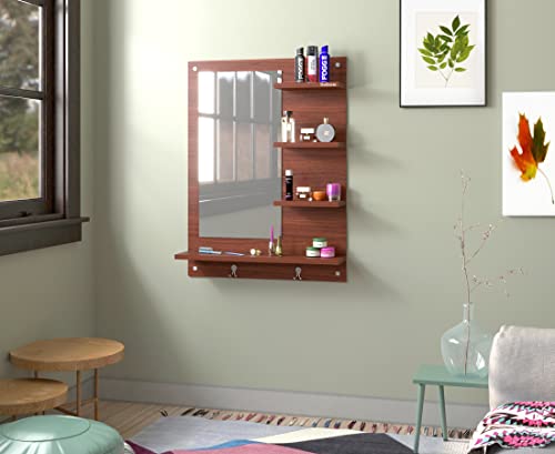 Image of Madhuran Blejaa Engineered Wood Wall Mounted Dressing Mirror with Storage Shelf | Rectangular Bathroom Wash Basin Vanity Mirror for Bedroom, Living Room & Makeup Area | 60 x 80 cm | Classic Walnut