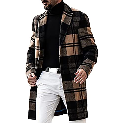 Maiyifu-GJ Men's Casual Plaid Long Trench Coat Single Breasted Notched Lapel Collar Jackets Lightweight Winter Slim Pea Coat