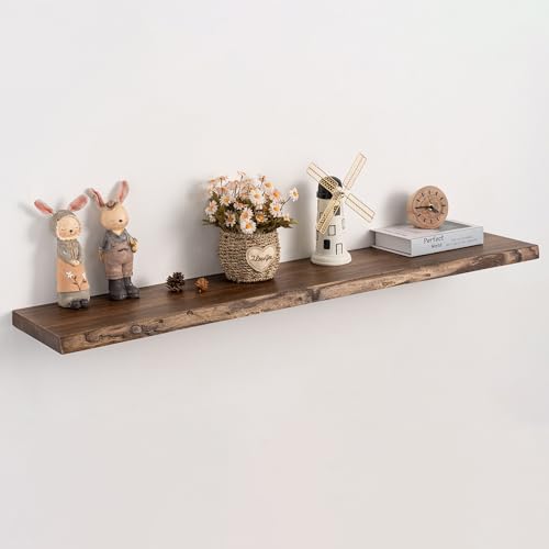Image of 48 inch Live Edge Floating Shelves, Solid Elm Wood, Vintage