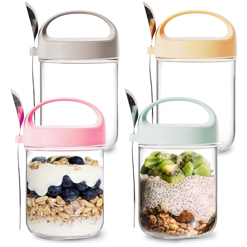 Zykphao 4-Pack Glass Overnight Oats Jars with Lids & Spoons, 14oz Airtight Containers for Leakproof Storage of Yogurt, Salad, Pudding, Cereal & Fresh Fruit
