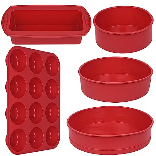 5 In1 Nonstick Silicone Baking Moulds Bakeware Set including Round Cake Molds Kit, Bread Loaf Tin, Rectangle Muffin Trays