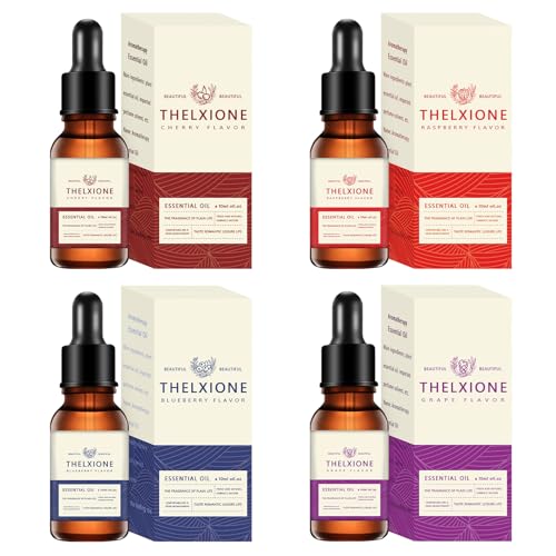 Set 4 Oli Essenziali Fruttati per Diffusori e Umidificatori - Kit Fragranze con Contagocce (Uva, Lampone, Mirtillo, Ciliegia) - Essenze Profumate per Aromaterapia e Relax in Casa e Ufficio