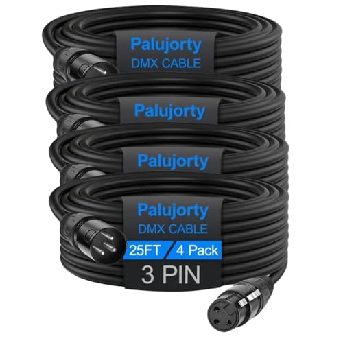 25 FT DMX Cable 4 Pack, Palujorty Coiled 3 Pin DMX Cable for DJ Lighting Fixtures