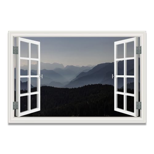 Tableau Paysage Montagnes brumeuses 30x45cm avec cadre effet Fenêtre Trompe-l'Œil VHdfgTY