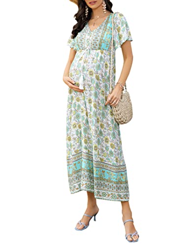 KOJOOIN Umstandskleid Sommer Damen Casual Lang Schwangerschaftskleid Boho Mutterschaft Kleid Elegante Umstandsmode Hellblau L