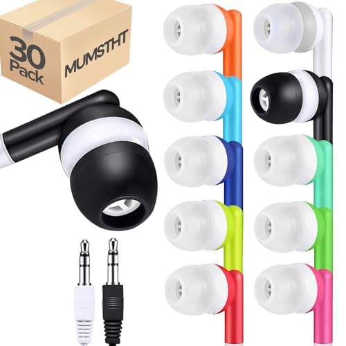 MUMSTHT Kids Earbuds Bulk 30 Pack Multi Color for School Classroom Students Children Toddler Boys Girls Teen and Adult (YS101)