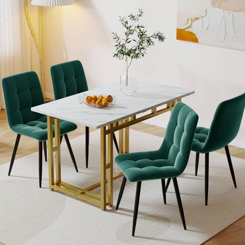 Sweiko Table à manger et chaise (1 + 4) - Table à manger dorée avec 4 chaises en velours vert foncé - Chaise de loisirs avec dossier - Table de cuisine...