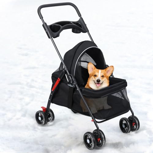 Hundewagen 2 in 1, Hundebuggy Bis 20kg, 4 Paar 360°Doppelräder, Hund-Katzen-Käfig-Kinderwagen mit Getränkehalter, Hundewagen Klappbar für Kleine/Mittlere Hunde und Katzen
