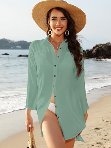 Image of POGTMM Women's Swimsuit Cover Up 3 /4 Sleeve Button Down Shirt Dress