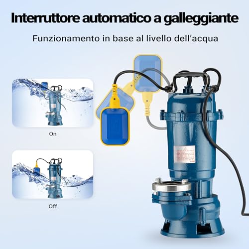 Wiltec Pompa Sommersa Acque Nere Con Galleggiante 1500W 22800L/H Elettropompa A Immersione - 5