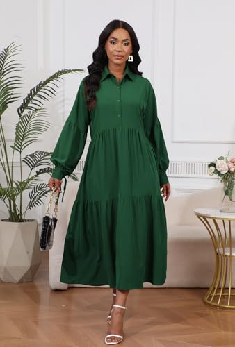 Image of Women's Long Sleeve Maxi Shirt Dress Elegant Button Down Loose Swing Party Dress