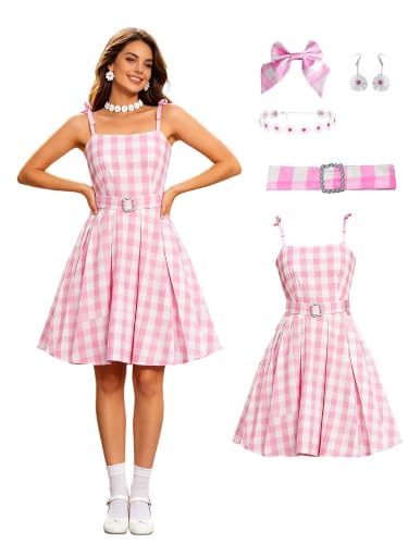 Poboola Women Pink White Gingham Spaghetti Strap Dress Halloween Costume M
