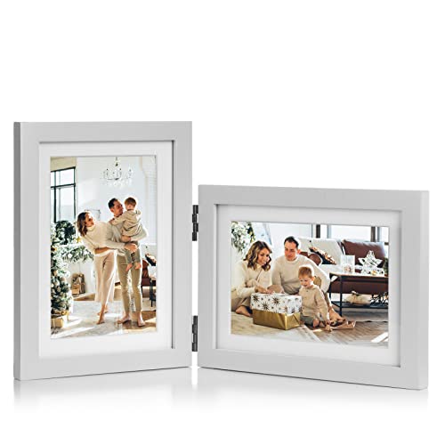 Tamolus 5X7 Double Wooden Hinged Picture Frame Vertical and Horizontal in White, Display 4x6 with Mat or 5x7 without Mat, Folding Photo Frame with Real Glass Front for Tabletop P-BAI-SH57