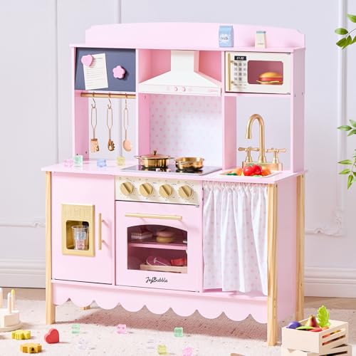 JoyBubbla Wooden Play Kitchen for Toddlers Modern Kids Kitchen Playset with Realistic Lights & Sounds Toy Kitchen Set with 25 Pcs Accessories Pretend Play for Girls & Boys Ages 3+ Pink