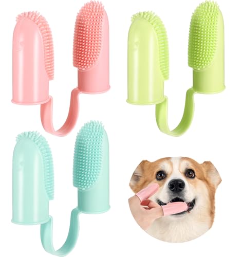 Image of Finger Dog Toothbrush, 3 Pack, Multicolor, Dual-Finger Design, 135 Angled Bristles, Extra Soft, Pet Toothbrush