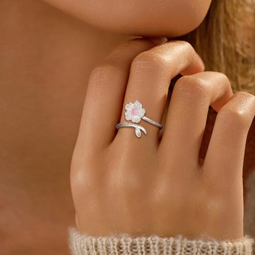 SUYACS S925 Sterling Silver Cherry Blossom Flower Rings for Women Lucky Pink Birthstone Leaf Adjustable Ring Cute Sweet CZ Crystal Open Engagement Statement Promise Ring Birthday Jewelry for Her3